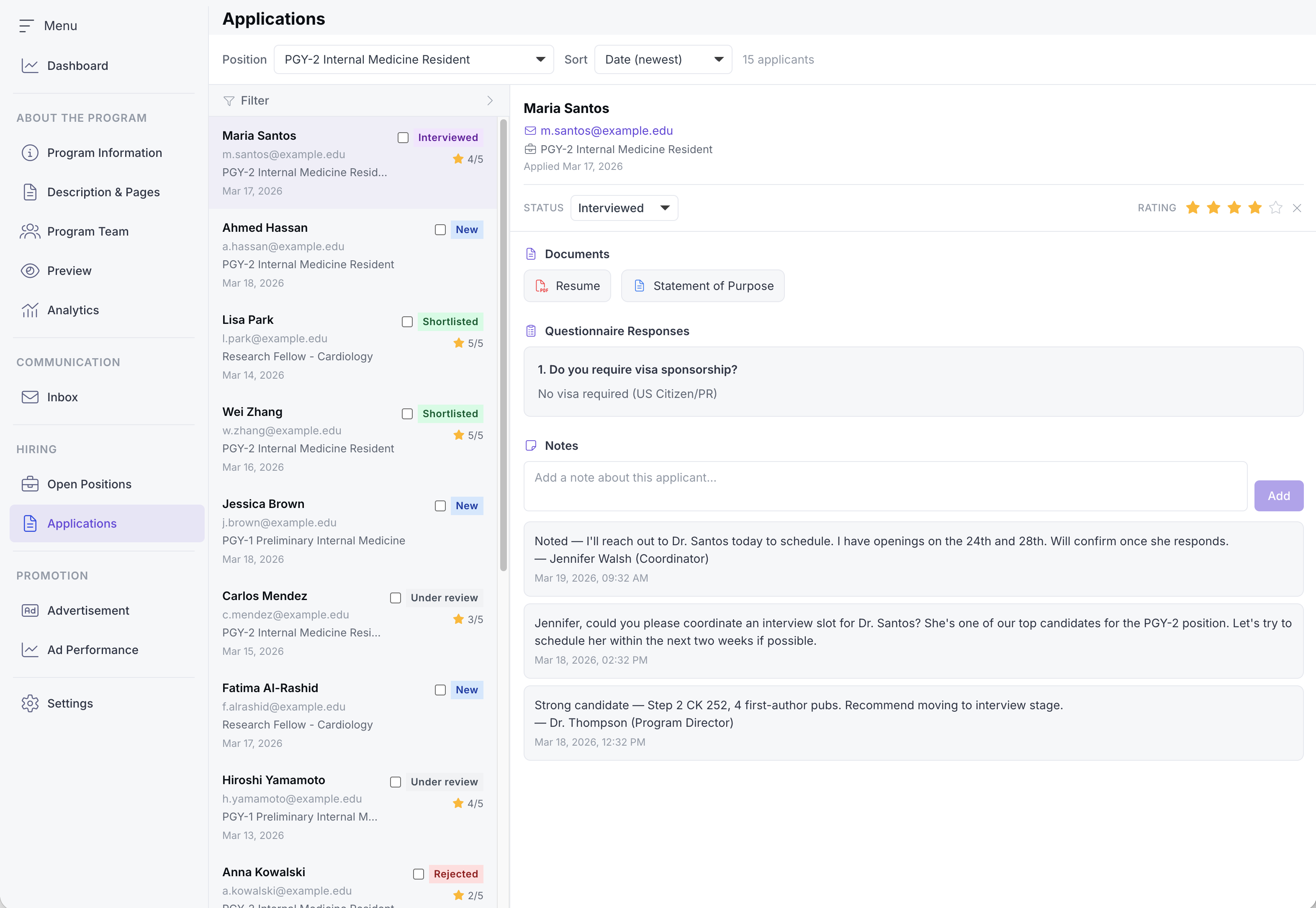 Program Portal — Position posting and applicant management