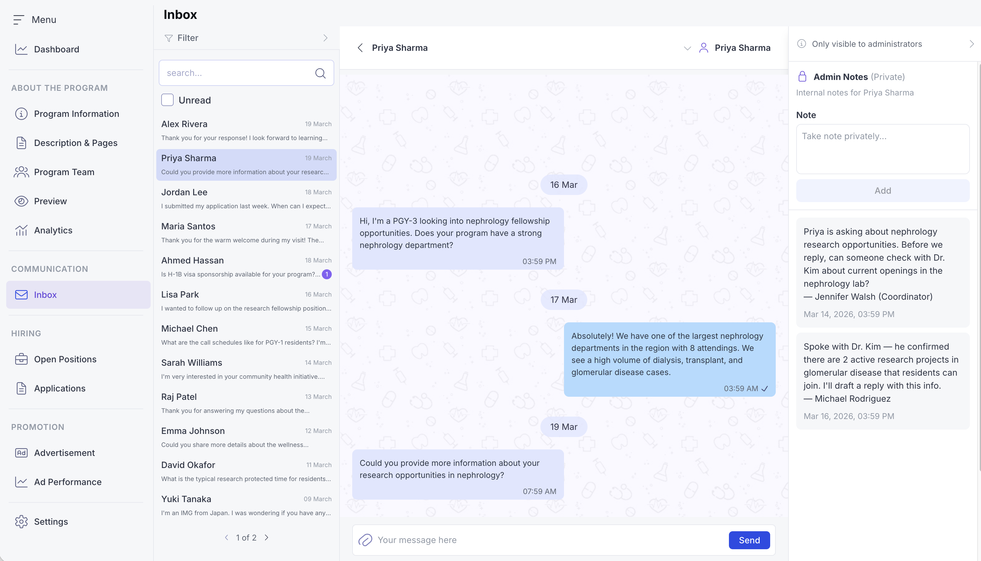 Program Portal — Applicant messaging inbox